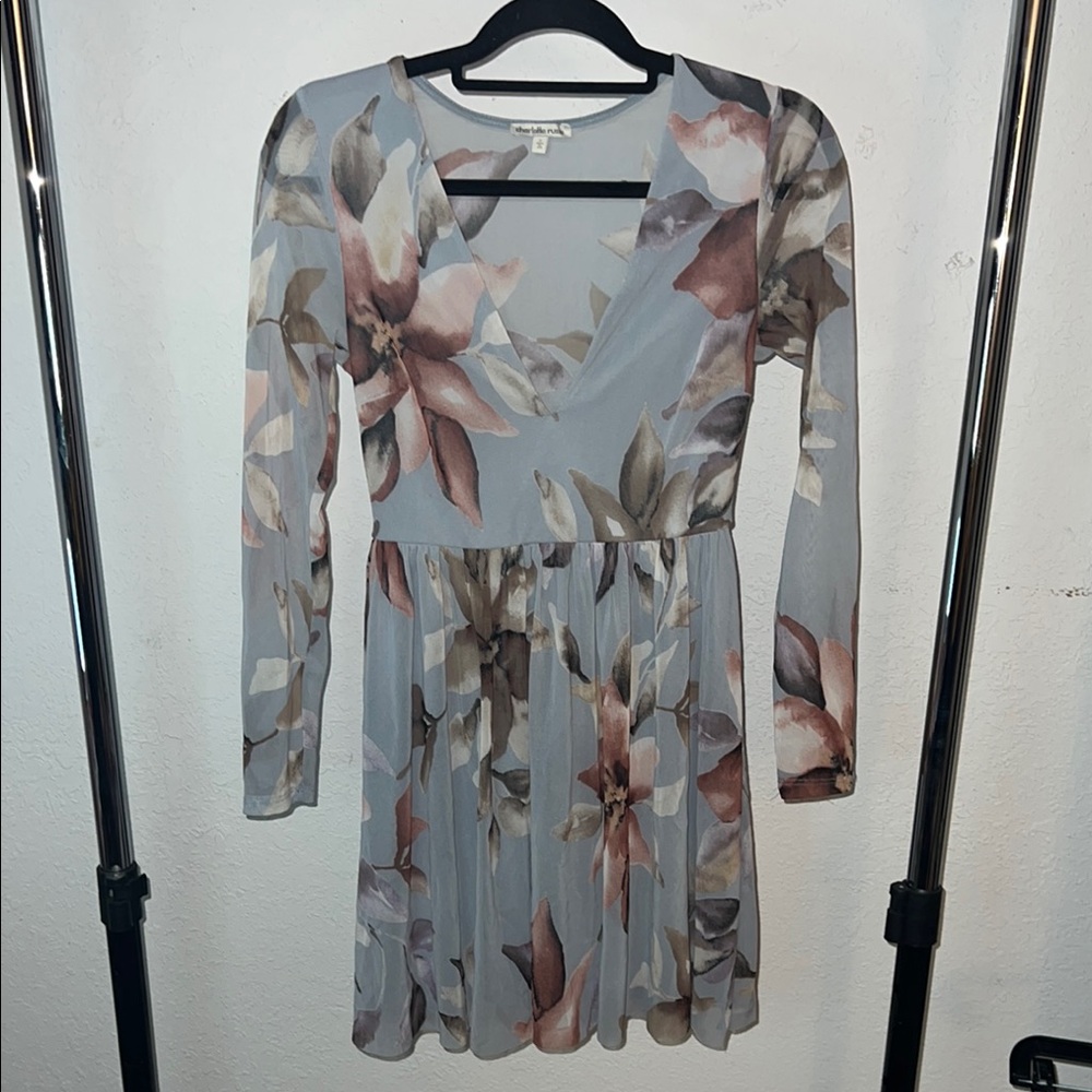 Gray and White Fit and Flare Dress with Long Bishop Sleeves for Wedding Guest